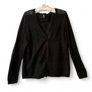 Black Frye Pointelle Scalloped Neck Knit Cardigan - L